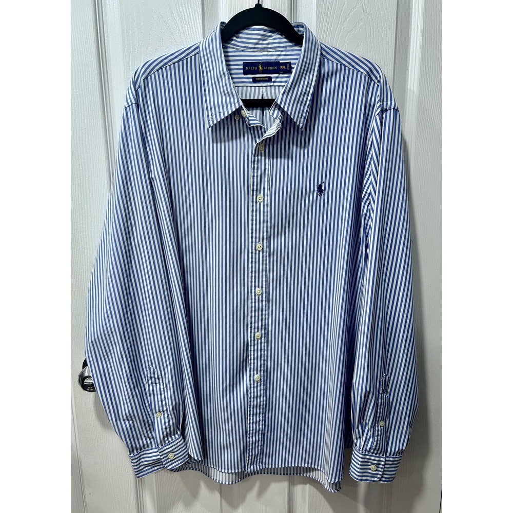 Ralph Lauren Mens Performance Shirt XXL Classic Fit Striped Blue/White Button Up